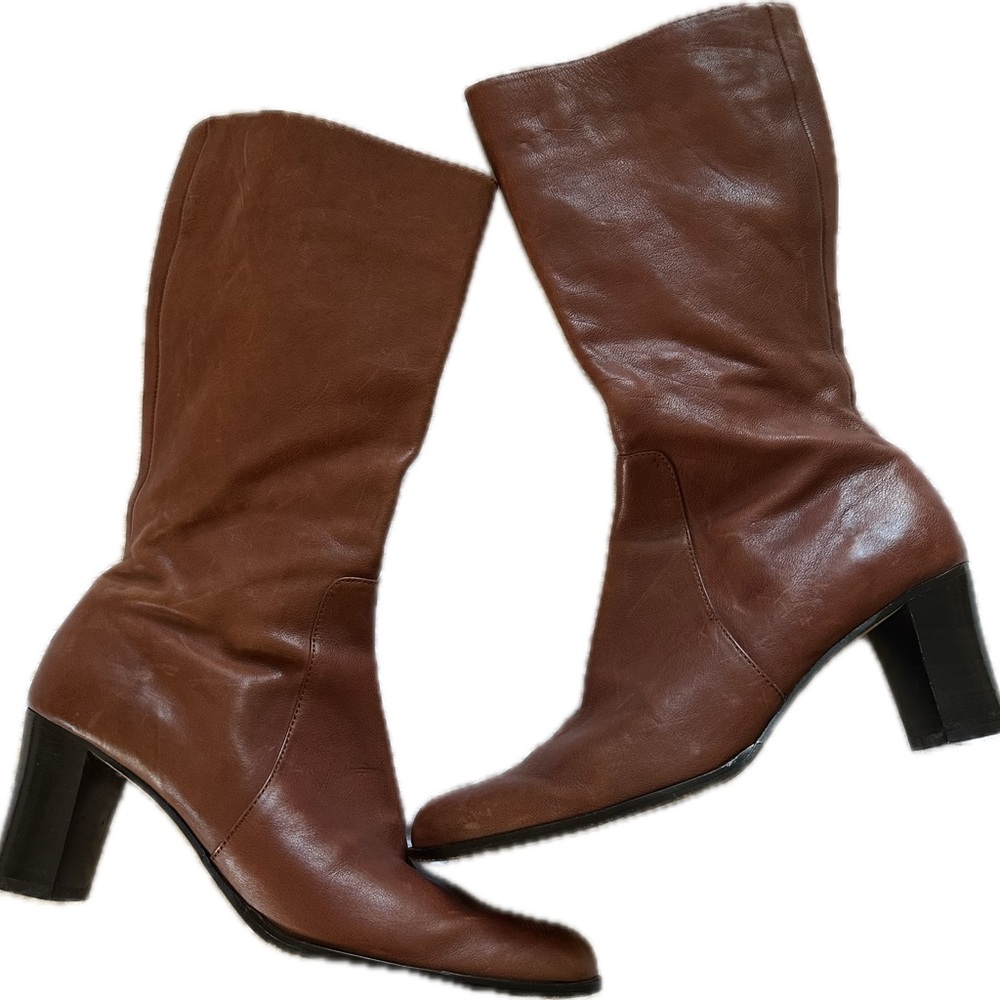 Vintage Vaneli Hash - brown leather mid calf heeled boots with pointed toe